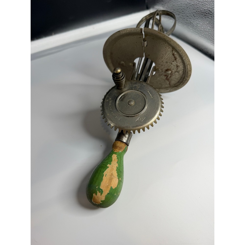 Vintage Hand Crank Egg Beater Green Wood Handle Splatter Guard Lid Primitive